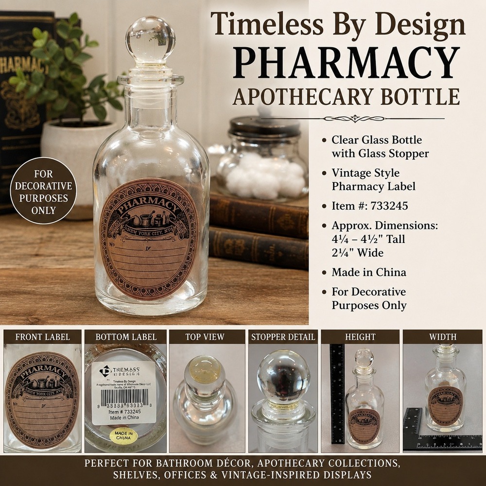 Timeless By Design Pharmacy Apothecary Bottle Clear Glass Vintage Style 733245